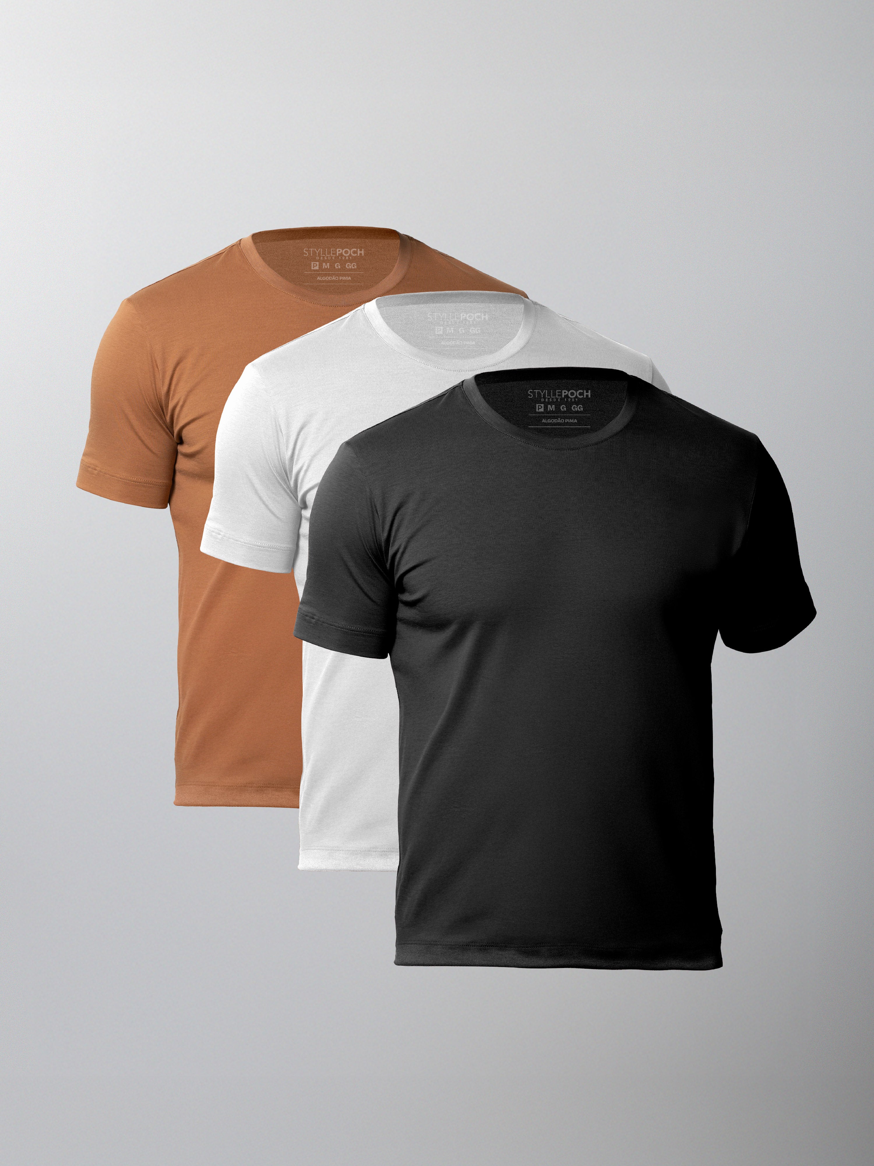 Kit 3 Camisetas Algodão Pima Gola C - Personalize