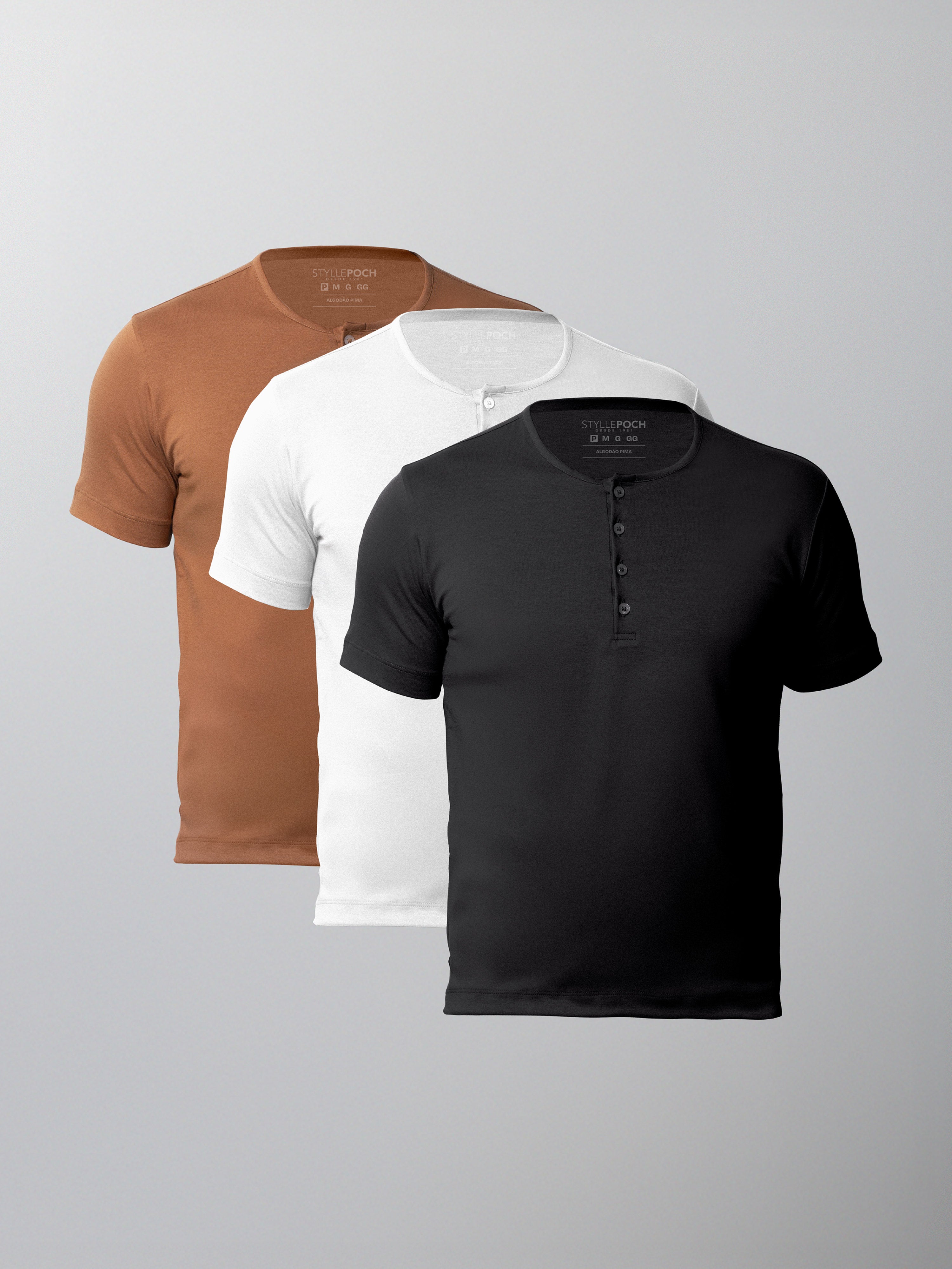 Kit 3 Camisetas HENLEY Algodão Pima - Personalize