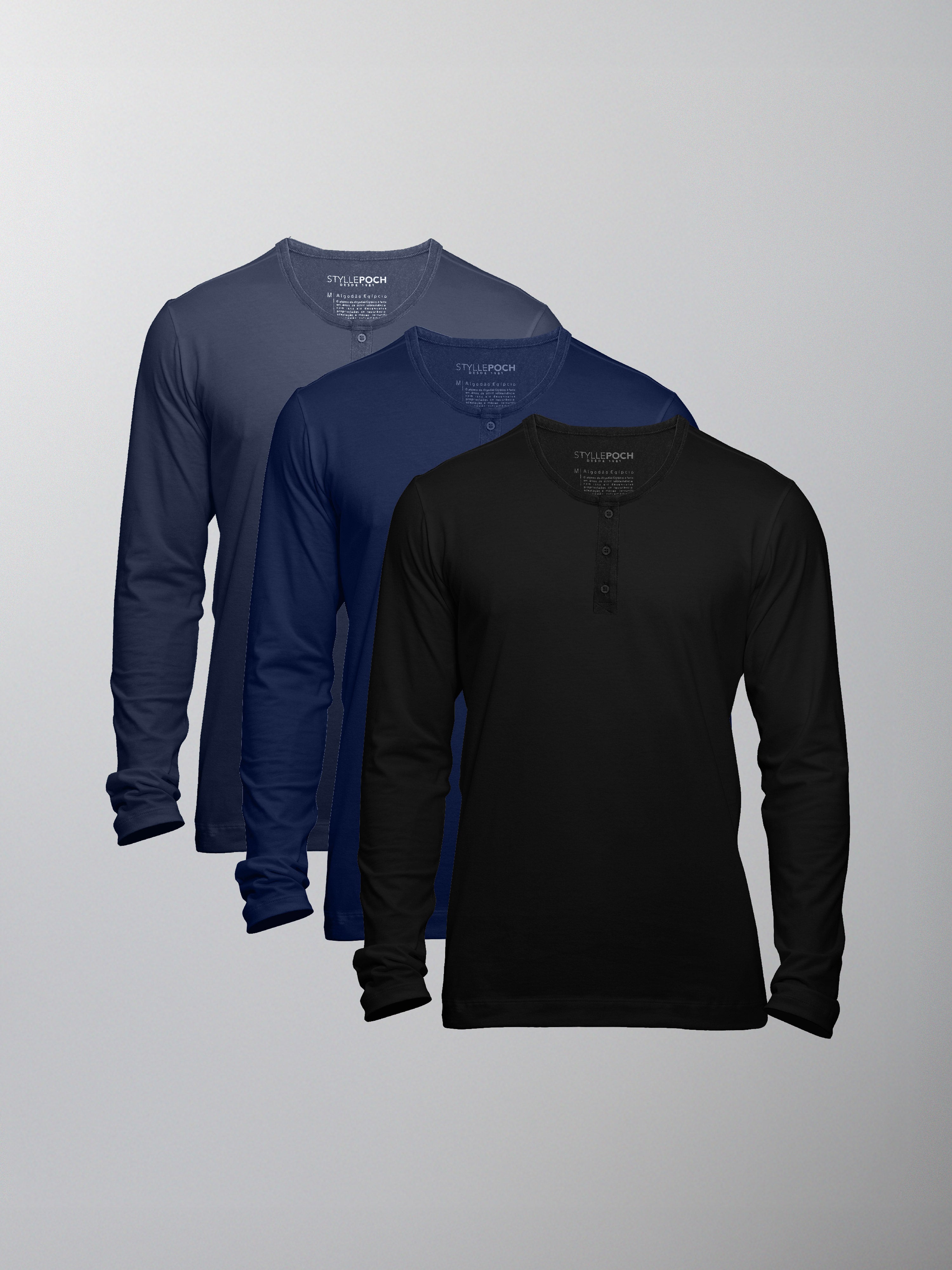 Kit 3 HENLEY Algodão Egípcio - Manga Longa - Personalize