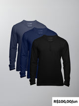 Kit 3 HENLEY Algodão Egípcio - Manga Longa - Personalize