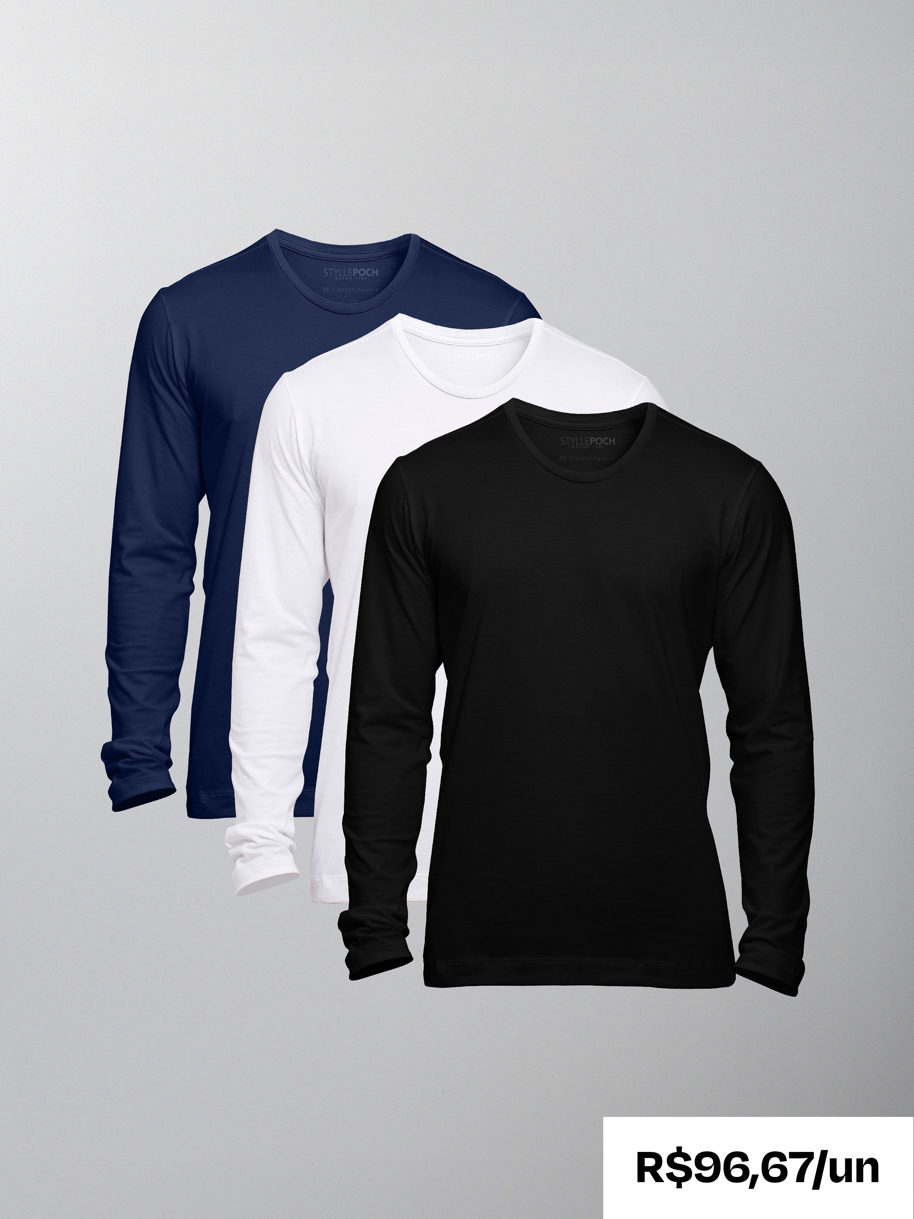 Kit 3 Camisetas Algodão Egípcio Gola C - Manga Longa - Personalize