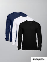Kit 3 Camisetas Algodão Egípcio Gola C - Manga Longa - Personalize