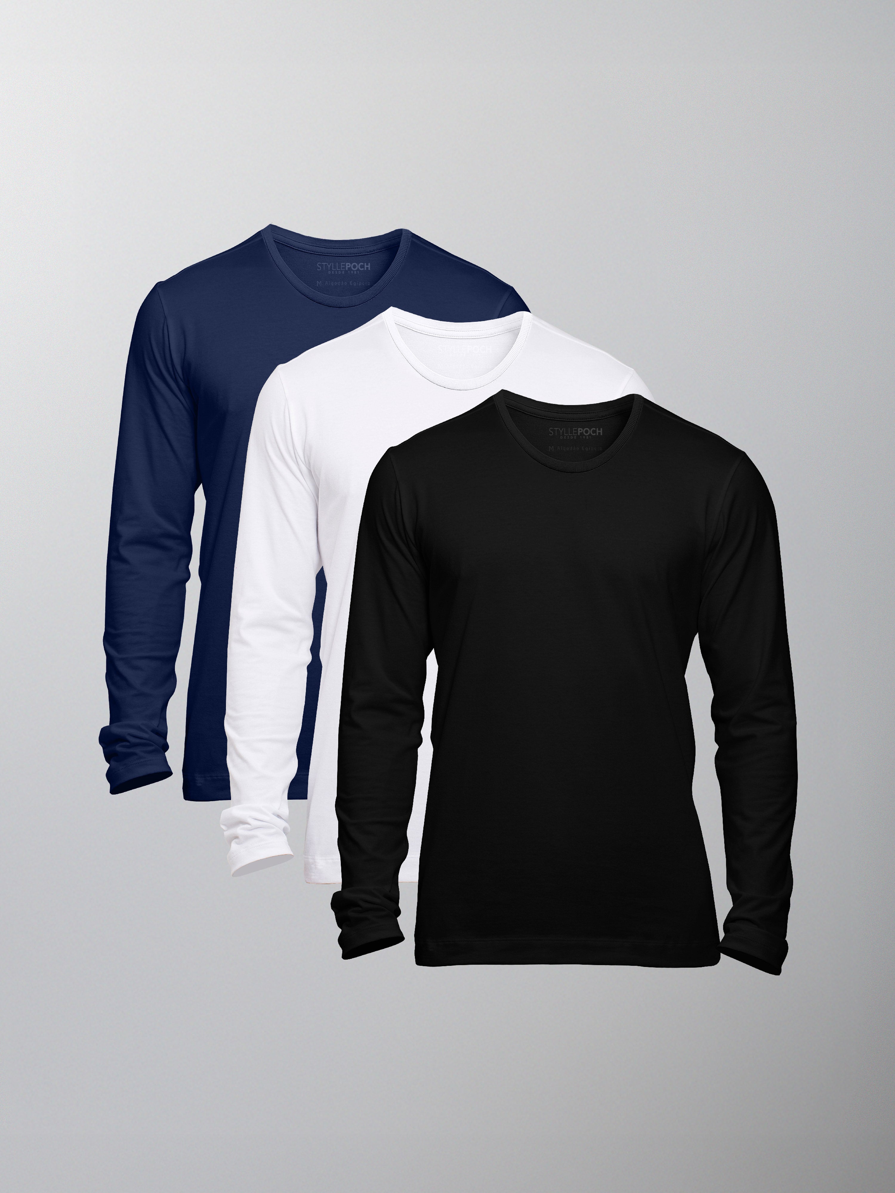 Kit 3 Camisetas Algodão Egípcio Gola C - Manga Longa - Personalize