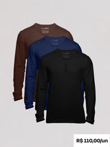 Kit 3 Henley Algodão Egípcio - Manga Longa