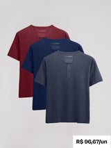 Kit 3 Camisetas HENLEY Algodão Egípcio - Personalize