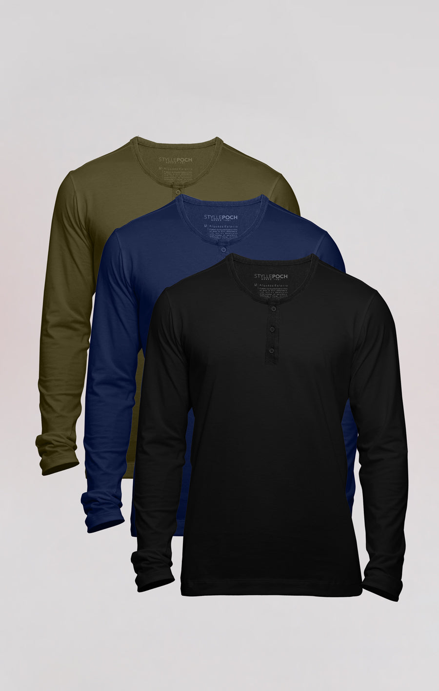 3x Henley Algodão Egípcio - Manga Longa [KIT]