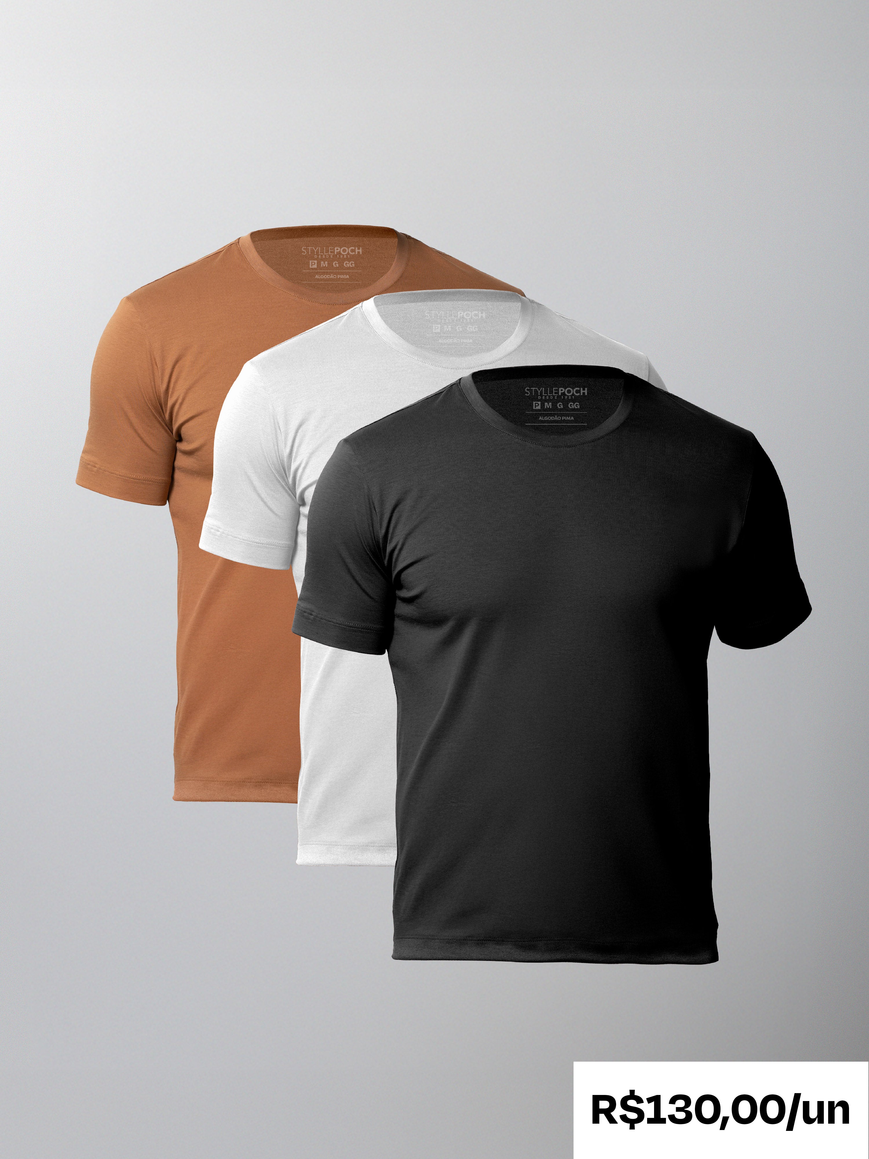 Kit 3 Camisetas Algodão Pima Gola C - Personalize