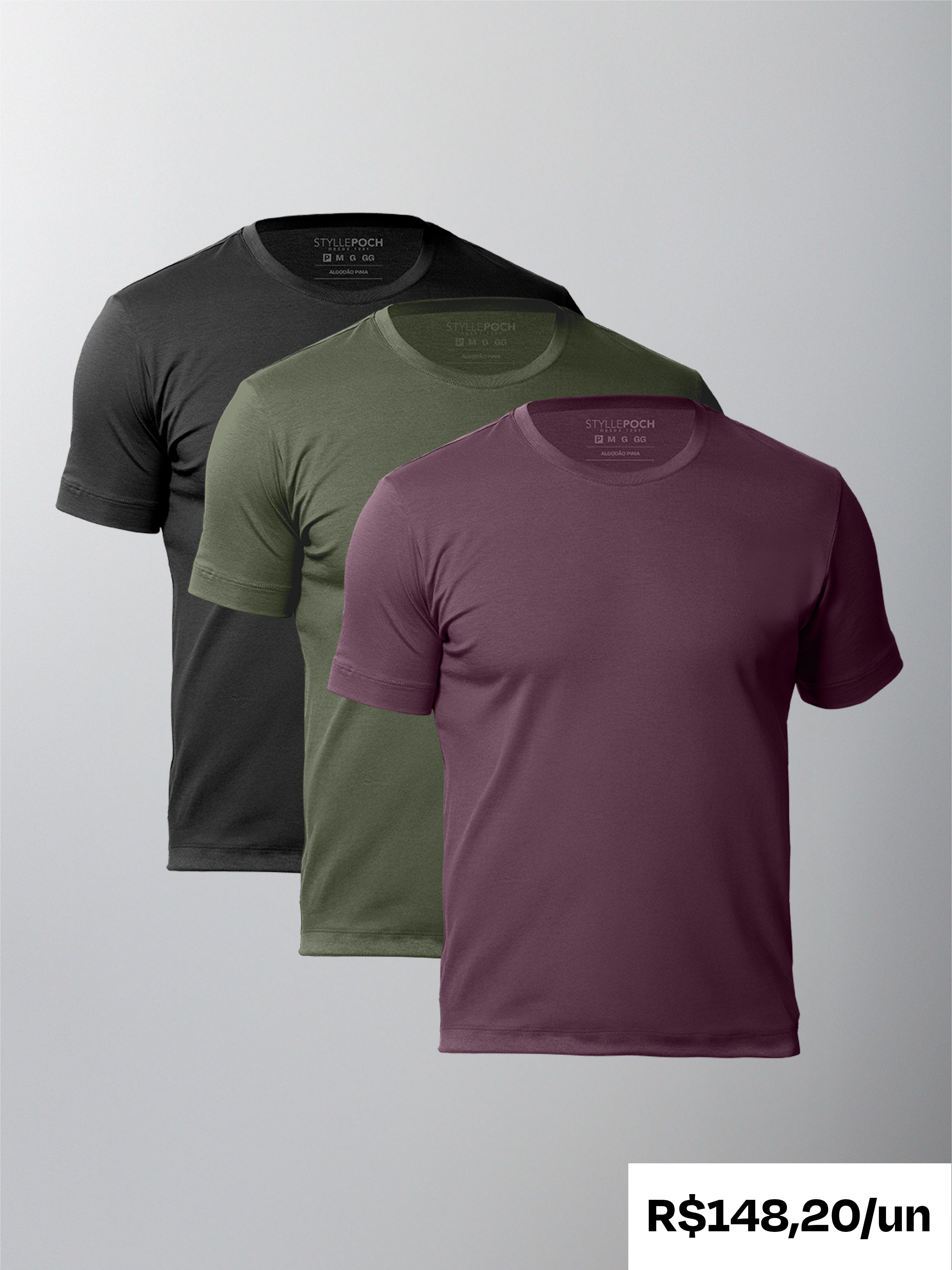 Kit 3 Camisetas Algodão Pima Gola C - Personalize