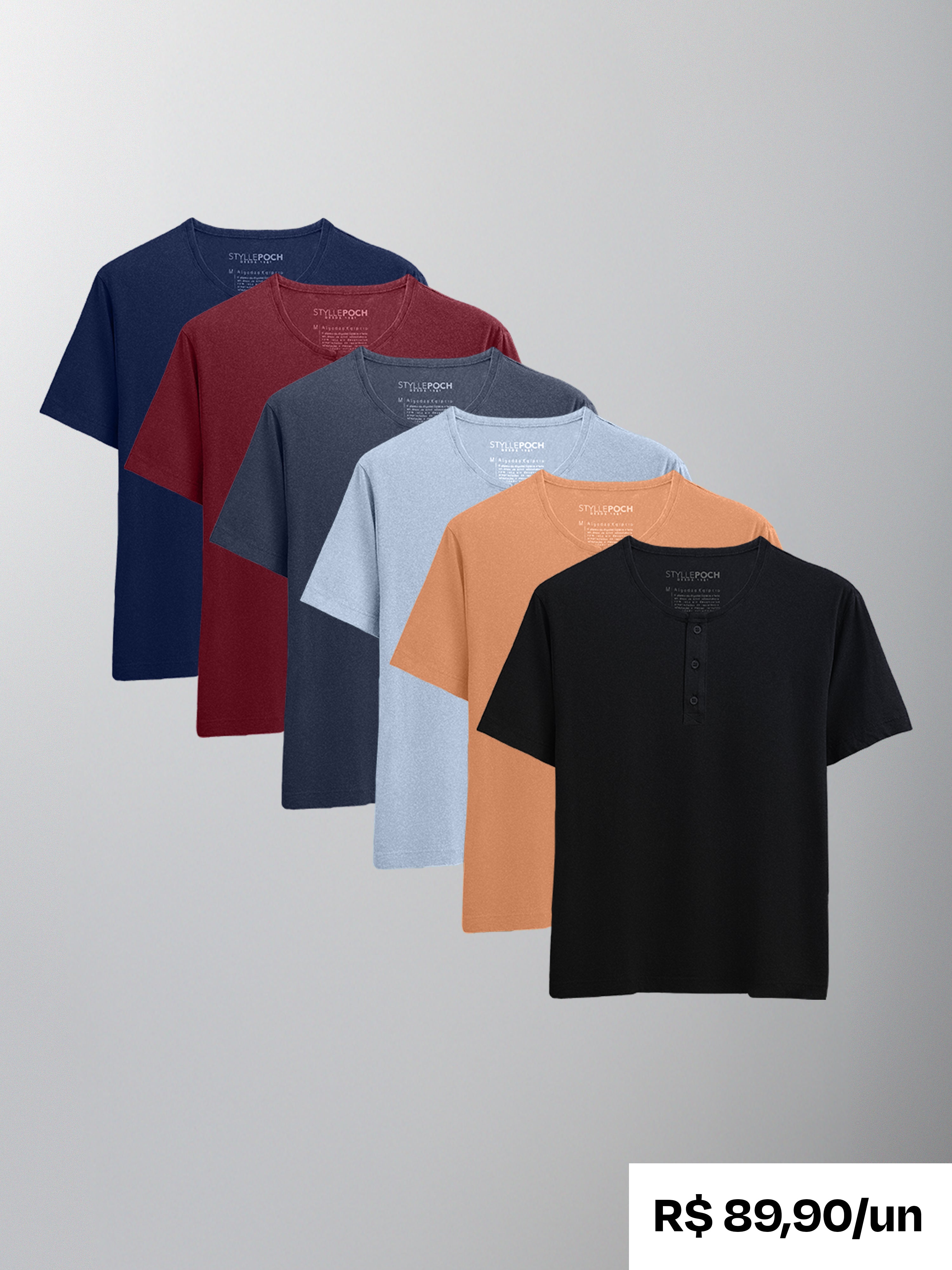 Kit 6 Camisetas HENLEY Algodão Egípcio - Personalize